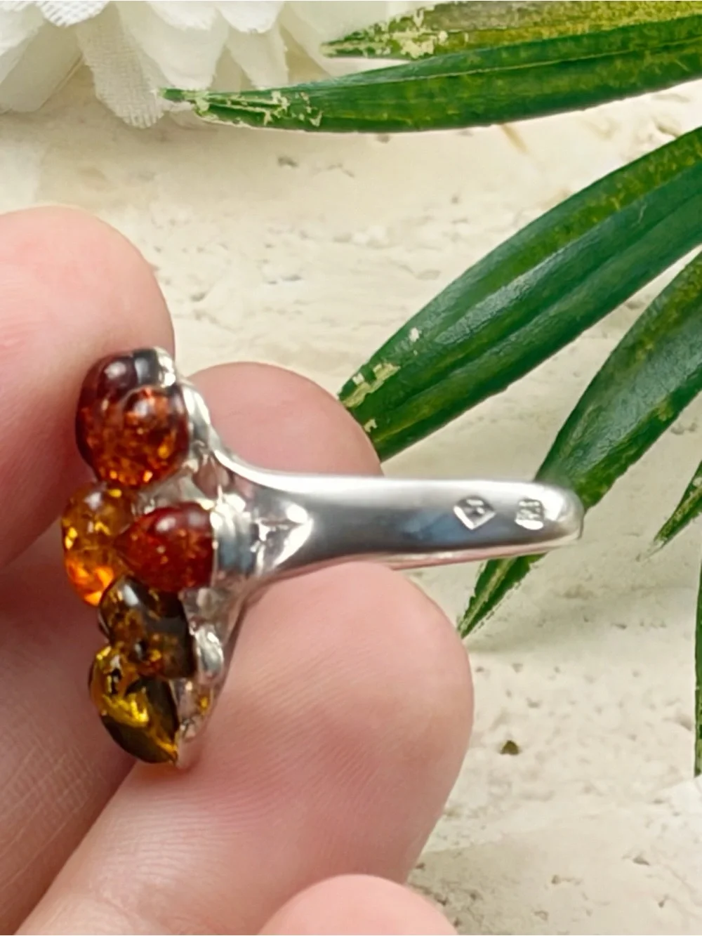 Estate Sterling Silver 925 Amber Cluster Ring Size 7.5 7 1/2 Pear Multicolored